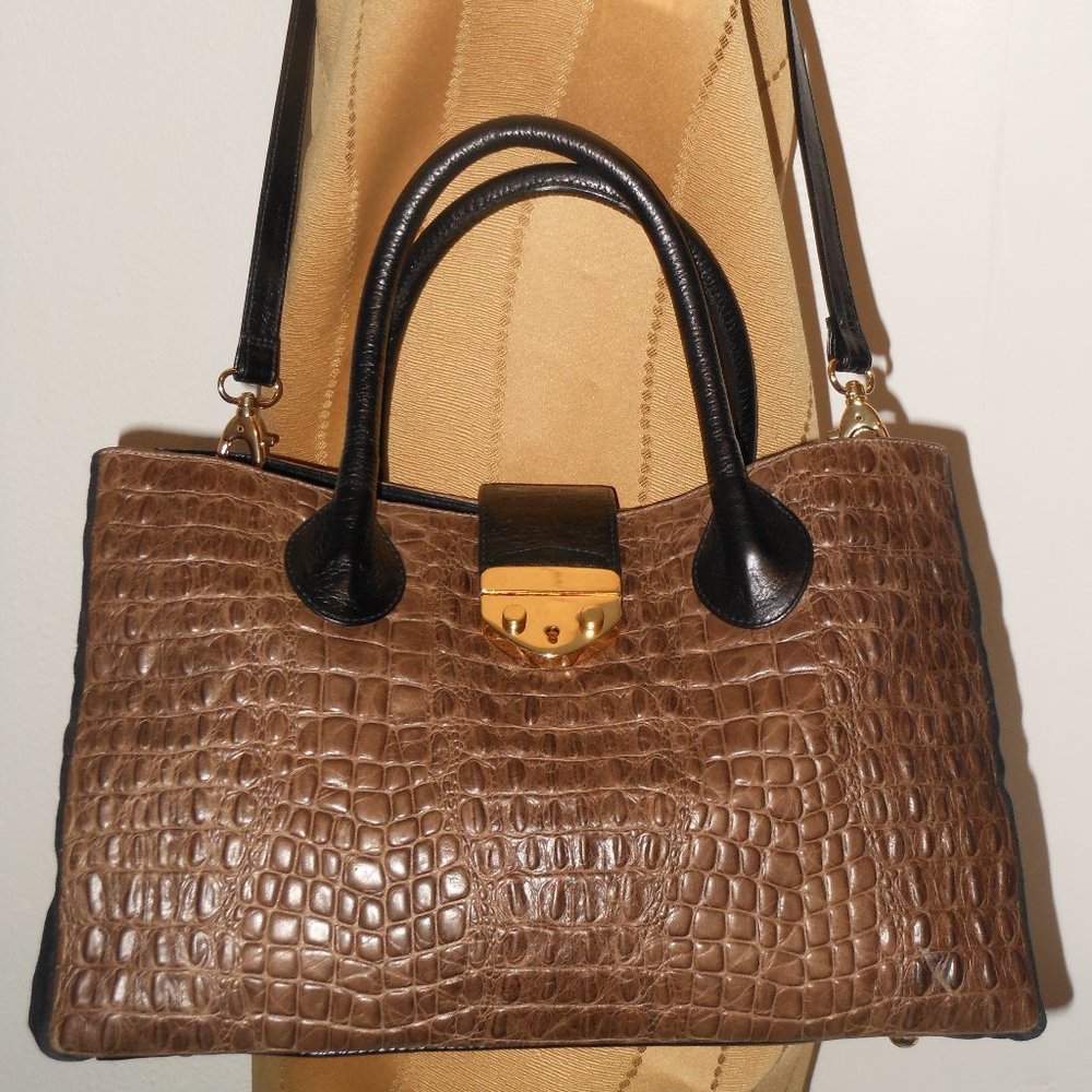 BELOW THE BELT CROCODILE BROWN & BLACK LEATHER AND SUEDE SHOULDER BAG
